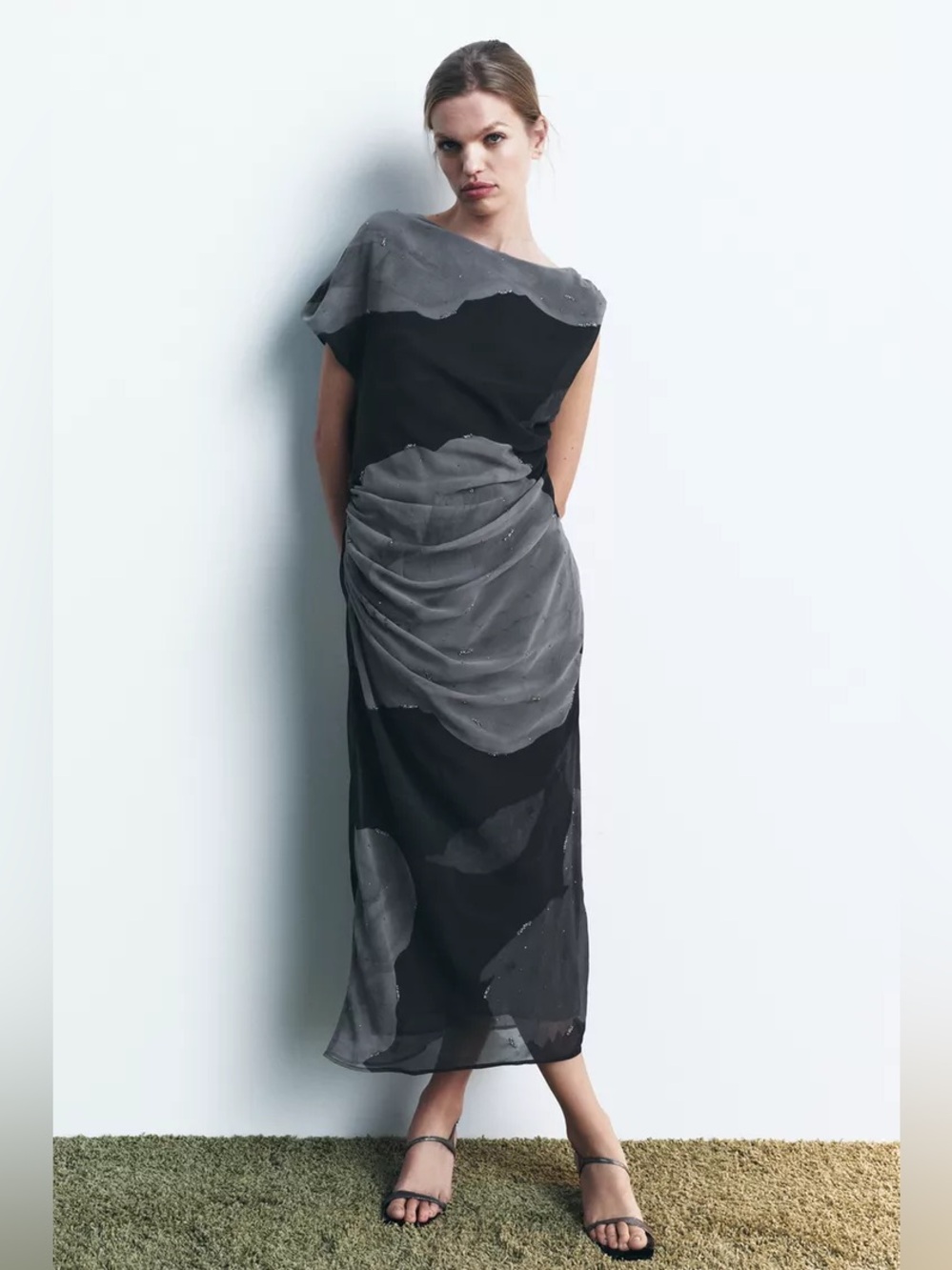 Zara Black Draped Slit Sleeveless Midi Dress
 With Beading Size S NWT